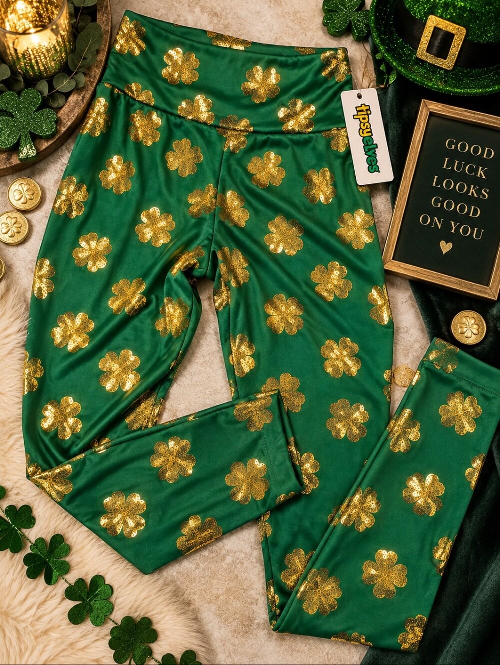 Tipsy Elves St Patrick’s Day Gold Sequin Shamrock Leggings Green L NWT